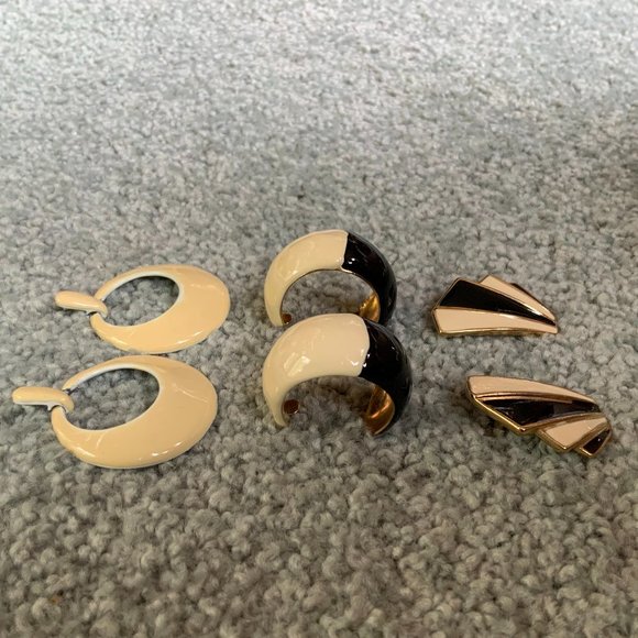 Three Pair Neutral Shade Pierced Earrings; Cream & Black - Picture 2 of 4